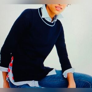 J. Crew Blue Merino Wool Side Slit Sweater Striped Ties Sz Sm *Needs Dry Clean